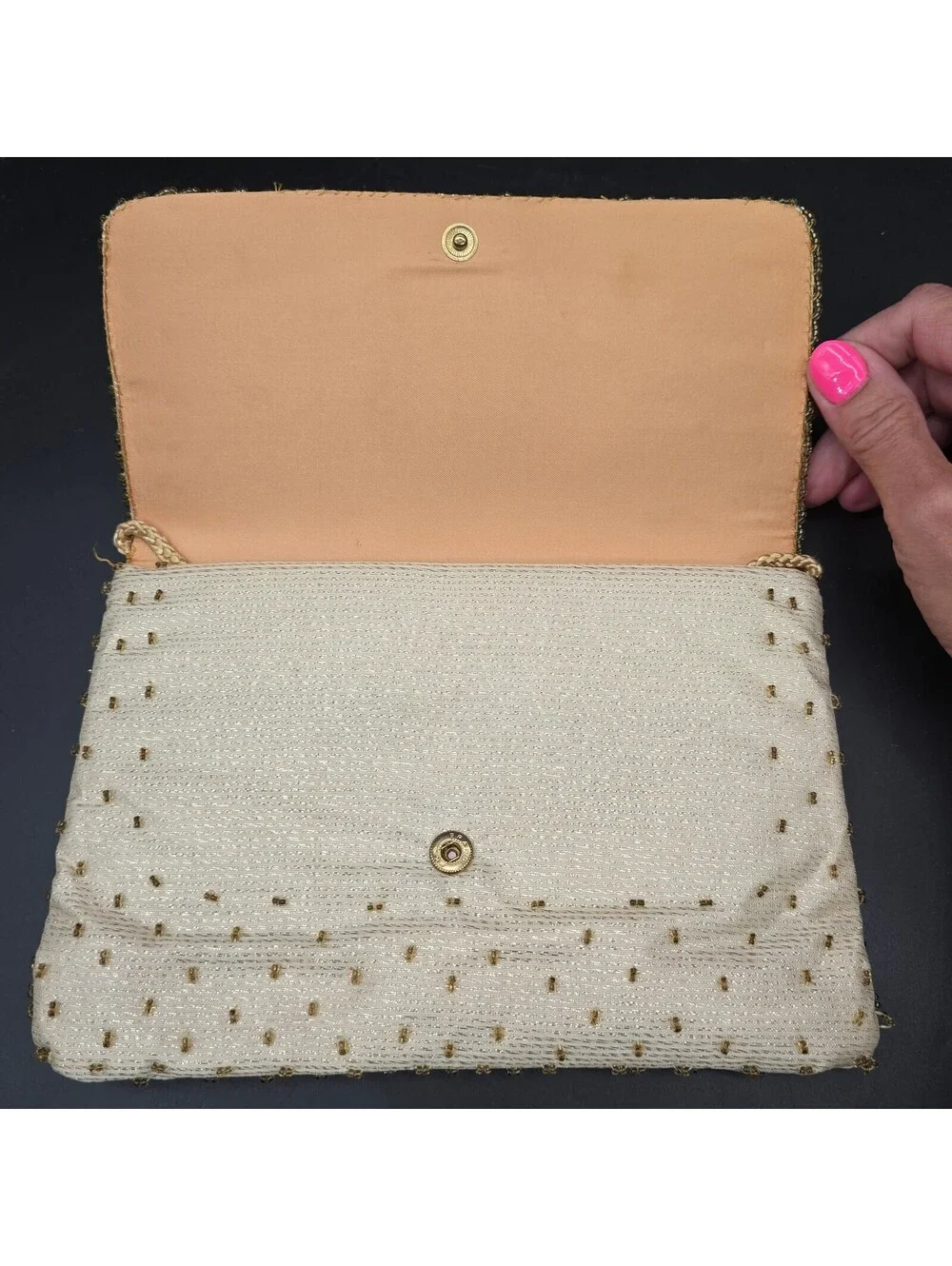 Vintage La Regale Hand Beaded Clutch Purse Cream Gold Floral Evening Bag 1980s